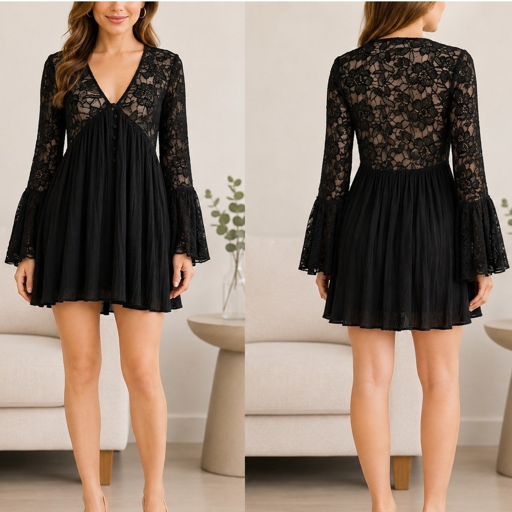 Free People Lace Dress Small Black Bell Sleeve Boho Sheer Witchy Goth Whimsigoth